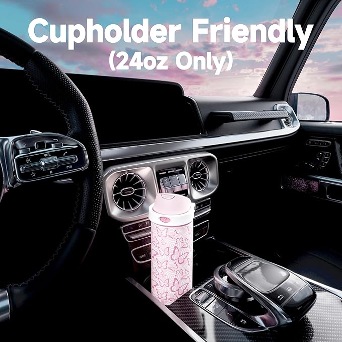 24 oz Insulated Water Bottle with Straw: Meoky Stainless Steel Metal Water Bottle with 2-in-1 Lid - Leak Proof, Cold for 24 Hours, Protective Silicone Base, BPA-Free for Sports Travel Car, Butterfly