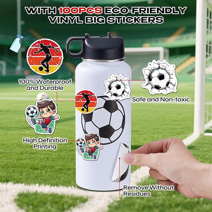 Soccer Water Bottles for Boys 32 oz and 100 PCS Soccer Stickers Sports Insulated Stainless Steel Water Bottle Accessories Stuff Gear Gifts For 8-12 12-14 Player