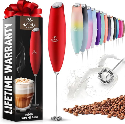 Zulay Powerful Milk Frother for Coffee with Powerful Motor - Handheld Frother Electric Whisk, Milk Foamer, Mini Mixer & Coffee Blender Frother for Frappe, Latte, Matcha, No Stand - Red