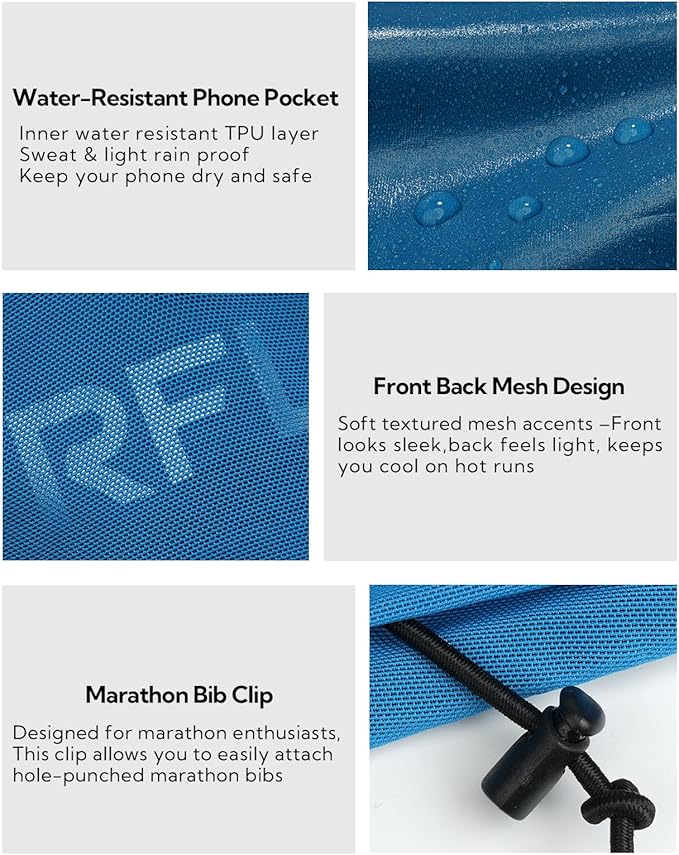 WATERFLY Running Belt Fanny Pack: Breathable 3 Pocket Waist Bag for Men Women Workout Exercise Fitness Phone Holder Fits All Phones - Runner Marathon Jogging Race Belt with Bib Clip Blue