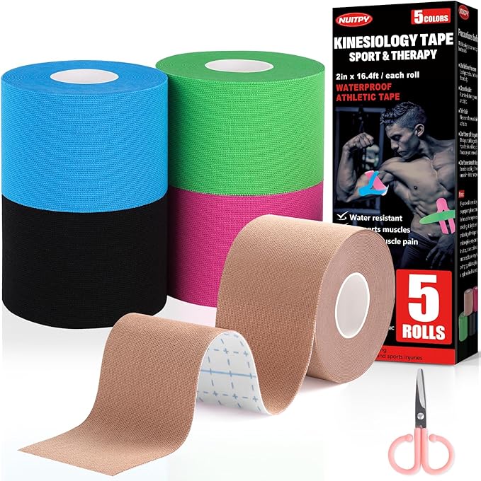 5 Rolls Kinesiology Tape, 5 Colors 2 inch x 16.4 Feet Waterproof Athletic Tape, Uncut Kinetic Tape, Elastic Muscle Tape, Sports Tape, Knee Tape for Exercise and Daily Use