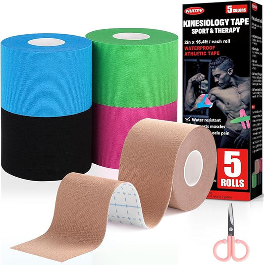 5 Rolls Kinesiology Tape, 5 Colors 2 inch x 16.4 Feet Waterproof Athletic Tape, Uncut Kinetic Tape, Elastic Muscle Tape, Sports Tape, Knee Tape for Exercise and Daily Use