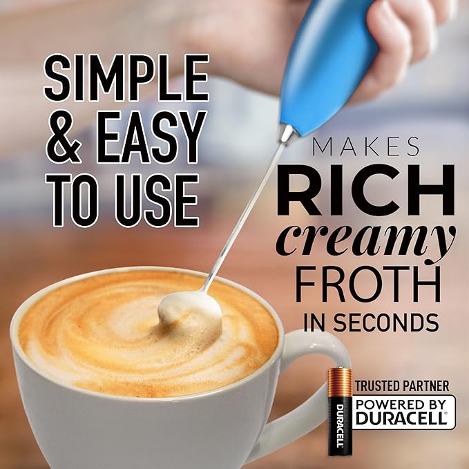 Zulay Kitchen Milk Frother Wand - Handheld Electric Coffee Frother (2 Duracell Batteries Included) - Easy-Clean Wand & Drink Mixer - Metallic Blue
