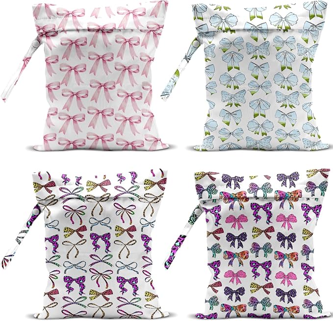 4 Pack Cute Pink Blue Bow Watercolor Leopard Bow Wet Bag Waterproof Reusable Wet Dry Bag for Swimsuit Dirty Clothes Diaper Beach Pool Gym Party Camping Gift for Women Mama Christmas Mothers Day