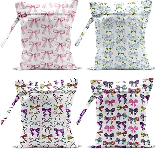 4 Pack Cute Pink Blue Bow Watercolor Leopard Bow Wet Bag Waterproof Reusable Wet Dry Bag for Swimsuit Dirty Clothes Diaper Beach Pool Gym Party Camping Gift for Women Mama Christmas Mothers Day