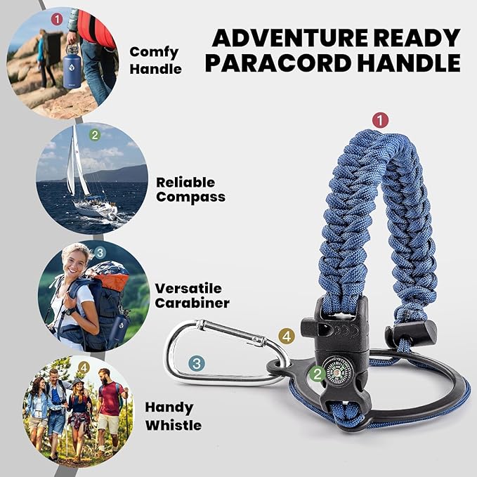 One Gallon Water Bottle Insulated, Triple Walled Vacuum Stainless Steel (Cold for 48 Hrs), Leak Proof & Non-BPA, Large Water Flask Jug with Paracord Handle & Straw Spout Lids