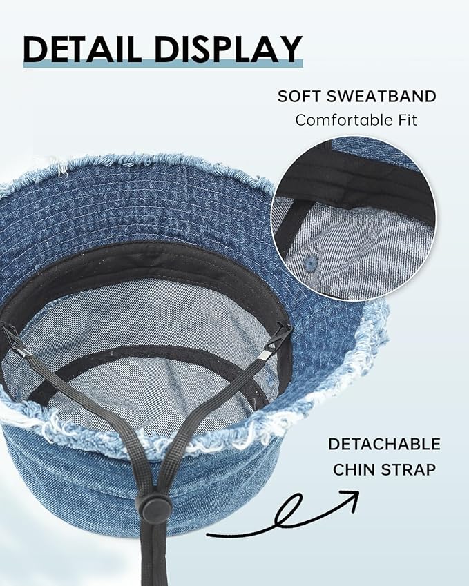 Zylioo XXL XL L M Denim Bucket Sun Hat,Oversized Jean Fisherman Hats,Adjustable Packable Summer Travel Hats