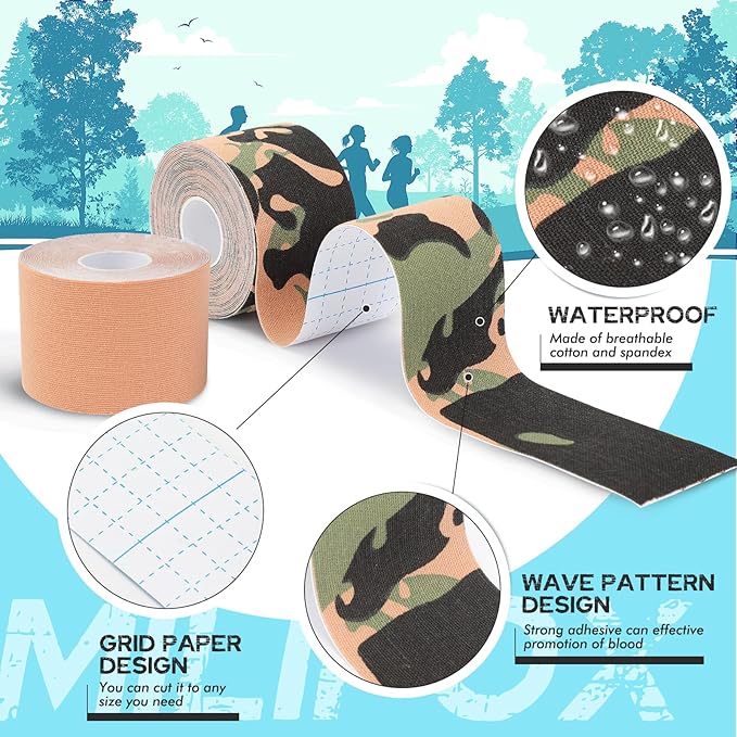 2 Rolls Kinesiology Tape, Waterproof Kinetic Tape 1.97 in x 16.4 ft, Uncut Cotton Elastic Athletic Strips for Knee, Shoulder, Ankle, Muscle Support (Complexion and Green Camouflage)
