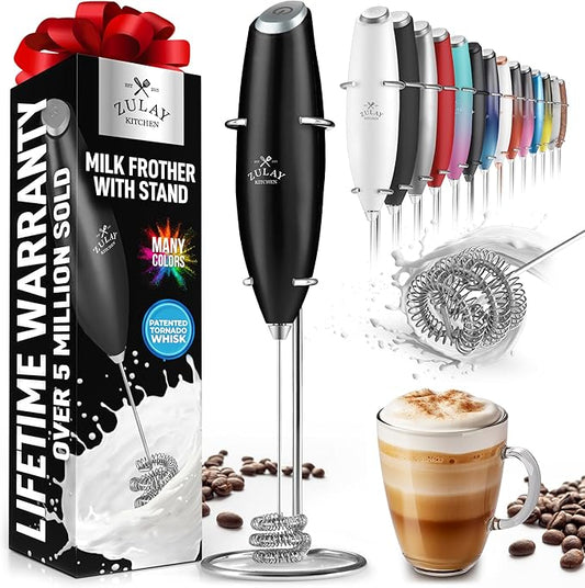 Zulay Kitchen Tornado Milk Frother Handheld Wand – Electric Coffee Frother with Triple Whisk & Stand – Hand Held Drink Mixer for Latte, Cappuccino, Matcha, Hot Chocolate, Protein Shakes – Metal Black