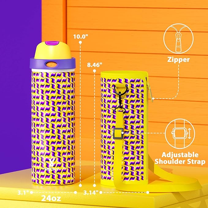 24 oz Insulated Water Bottle with Straw: Meoky Stainless Steel Water Bottle with Holder and Strap - Leak Proof, Cold for 24 Hours, Fits in Car Cup Holder, BPA-Free for Travel Sports Gym, Optic Wave