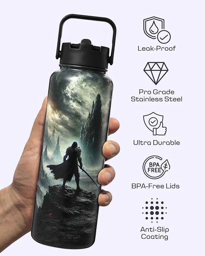 Insulated Water Bottle 40 oz –Hot and Cold Coffee Travel Drinks, Leakproof Sports Gaming & Gym Bottles, Large and Small Reusable Stainless Steel Flask with Straw – Shadowlands Odyssey
