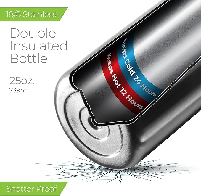 SipX™ 25 oz Insulated Water Bottle with 3 Lids – Leakproof Stainless Steel, Triple Insulated – Cold 24 Hours/Hot 12 Hours – Durable Bottle for School, Gym, Travel – Stainless