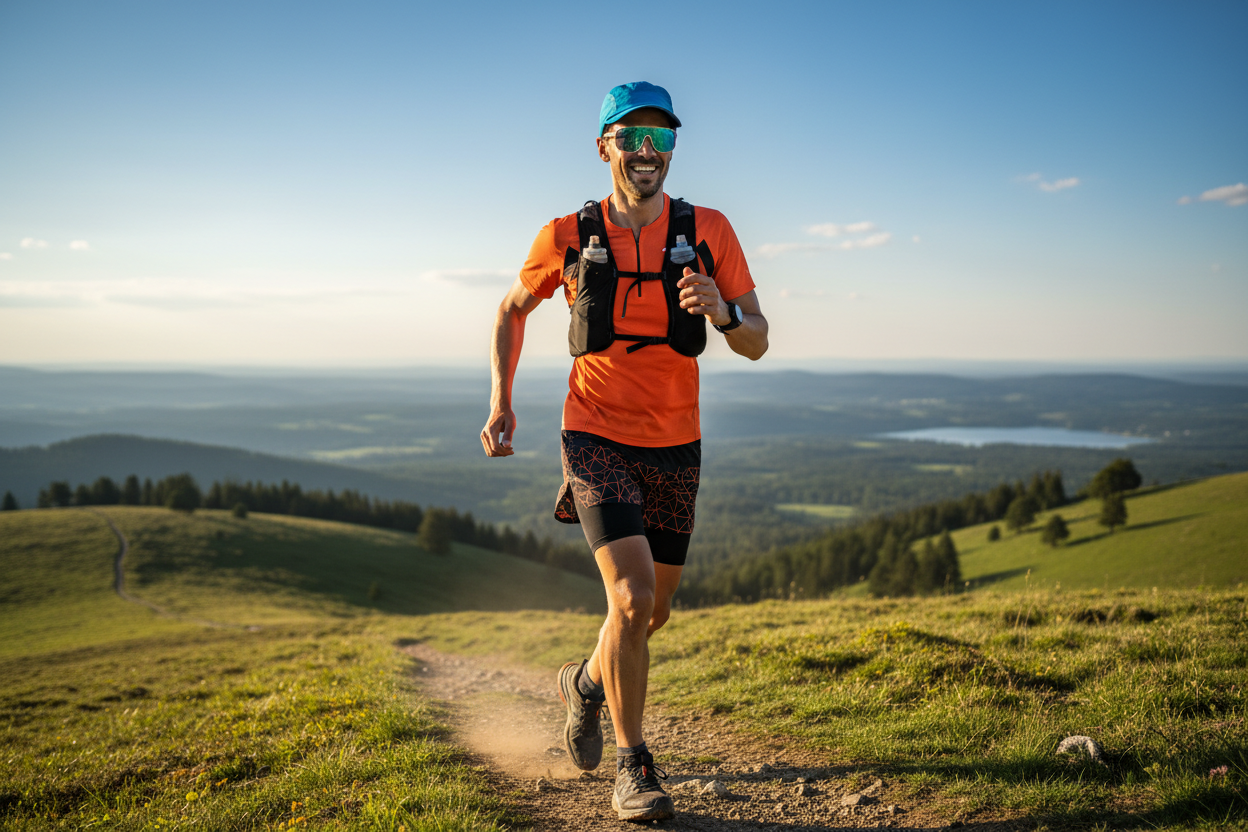 야외에서 운동모자와 썬글라스을 쓰고 있는 이미지