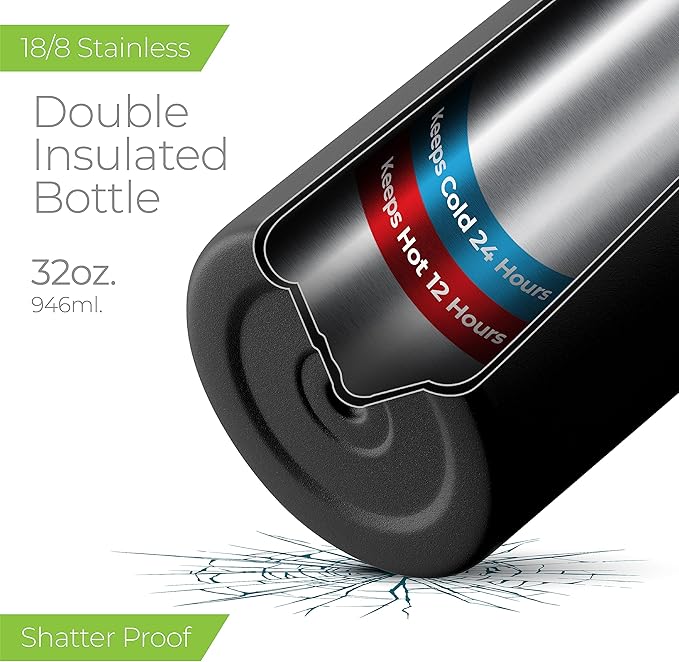 SIPX™ 32 oz Insulated Water Bottle with 3 Lids – Leakproof Stainless Steel, Triple Insulated – Cold 24 Hours/Hot 12 Hours – Durable Bottle for School, Gym, Travel – Black