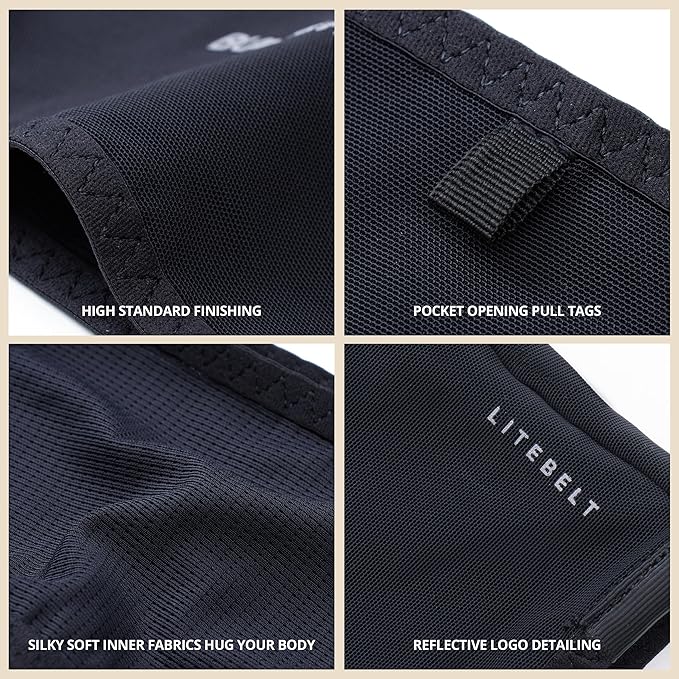 Build & Fitness LiteBelt Running Belt – 4 Quick Top-Access Pockets –Flip Waist Pack, Running Phone Holder – Fits All Size Phones, Keys, Cards, Earpods, GUs – for Men and Women (Black, S)