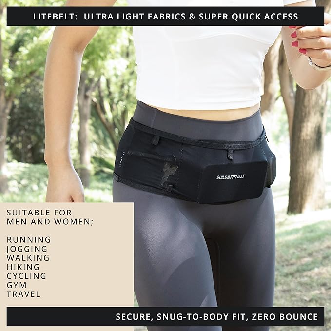 Build & Fitness LiteBelt Running Belt – 4 Quick Top-Access Pockets –Flip Waist Pack, Running Phone Holder – Fits All Size Phones, Keys, Cards, Earpods, GUs – for Men and Women (Black, S)