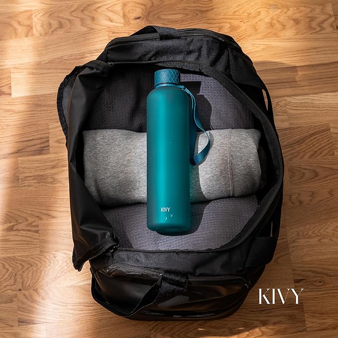 KIVY Slim Water Bottle 32oz [Lightweight & Shatterproof] Fits Backpack & Cupholder for Travel, Sports, School, Gym - Teal green water bottle no straw for Gym - Screw top - Dishwasher Safe