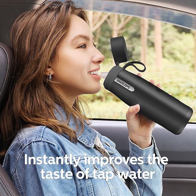 PHILIPS Water Bottle with Filter, Filter Water Bottle Stainless Steel with GoZero Everyday BPA-Free Tap Water Filter, Water Filter Bottle Keep Drink Cold 24 Hours, 1 Filter for 40 gal / 2 Months