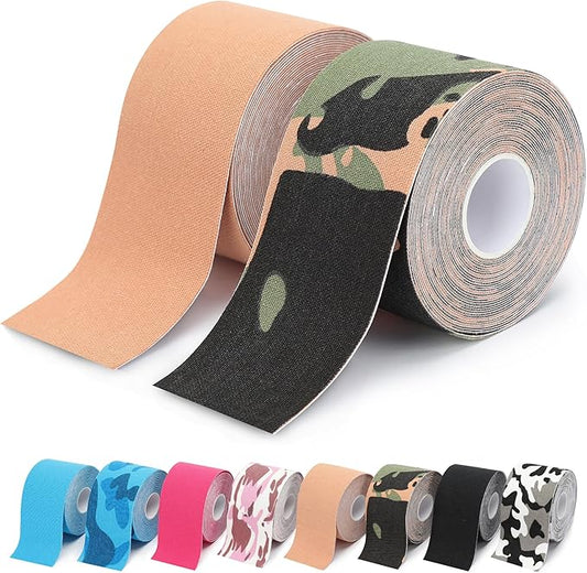 2 Rolls Kinesiology Tape, Waterproof Kinetic Tape 1.97 in x 16.4 ft, Uncut Cotton Elastic Athletic Strips for Knee, Shoulder, Ankle, Muscle Support (Complexion and Green Camouflage)