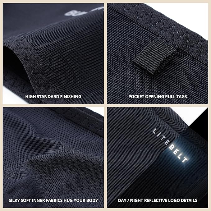 Build & Fitness LiteBelt Running Belt – 4 Quick Top-Access Pockets –Flip Waist Pack, Running Phone Holder – Fits All Size Phones, Keys, Cards, Earpods, GUs – for Men and Women (Black, L)