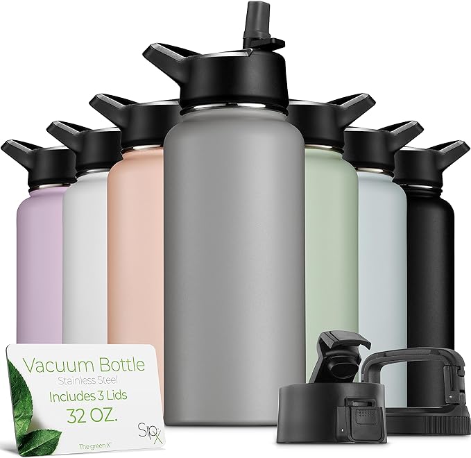 SIPX™ 32 oz Insulated Water Bottle with 3 Lids – Leakproof Stainless Steel, Triple Insulated – Cold 24 Hours/Hot 12 Hours – Durable Bottle for School, Gym, Travel – Grey